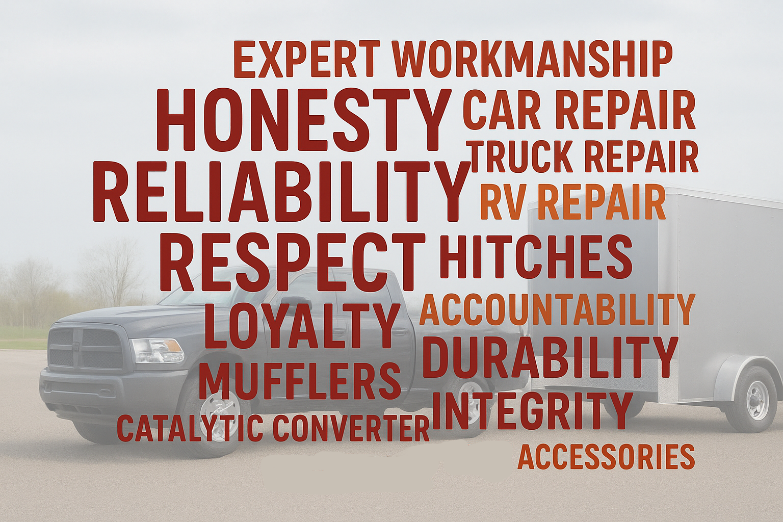 Word Cloud. Honesty, Reliability, Respect, Loyalty, Accountability, Durability, Integrity. Expert Workmanship, Car Repair, Truck Repair, RV Repair, Mufflers, Catalytic Convertors, Hitches, Steam Cleaning, Truck Accessories.